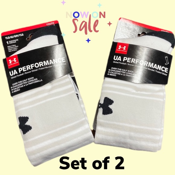 Under Armour Other - Set of 2 Under Armour Performance Over Calf Soccer Socks White/Gray Yth 13.5K-4Y